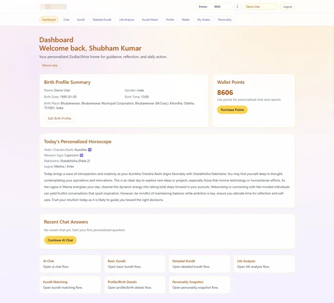 ZodiacPlatform dashboard