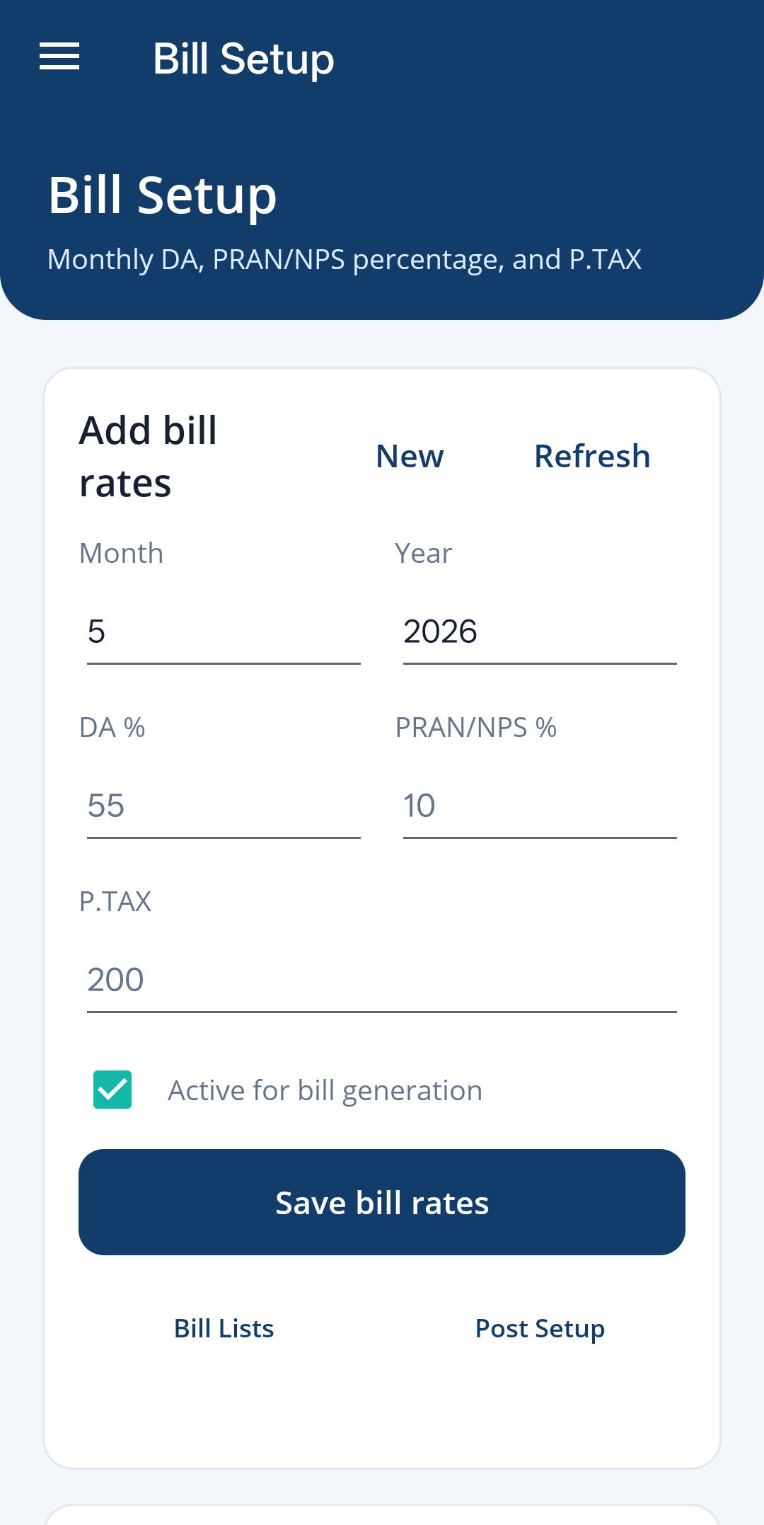 Bill setup page