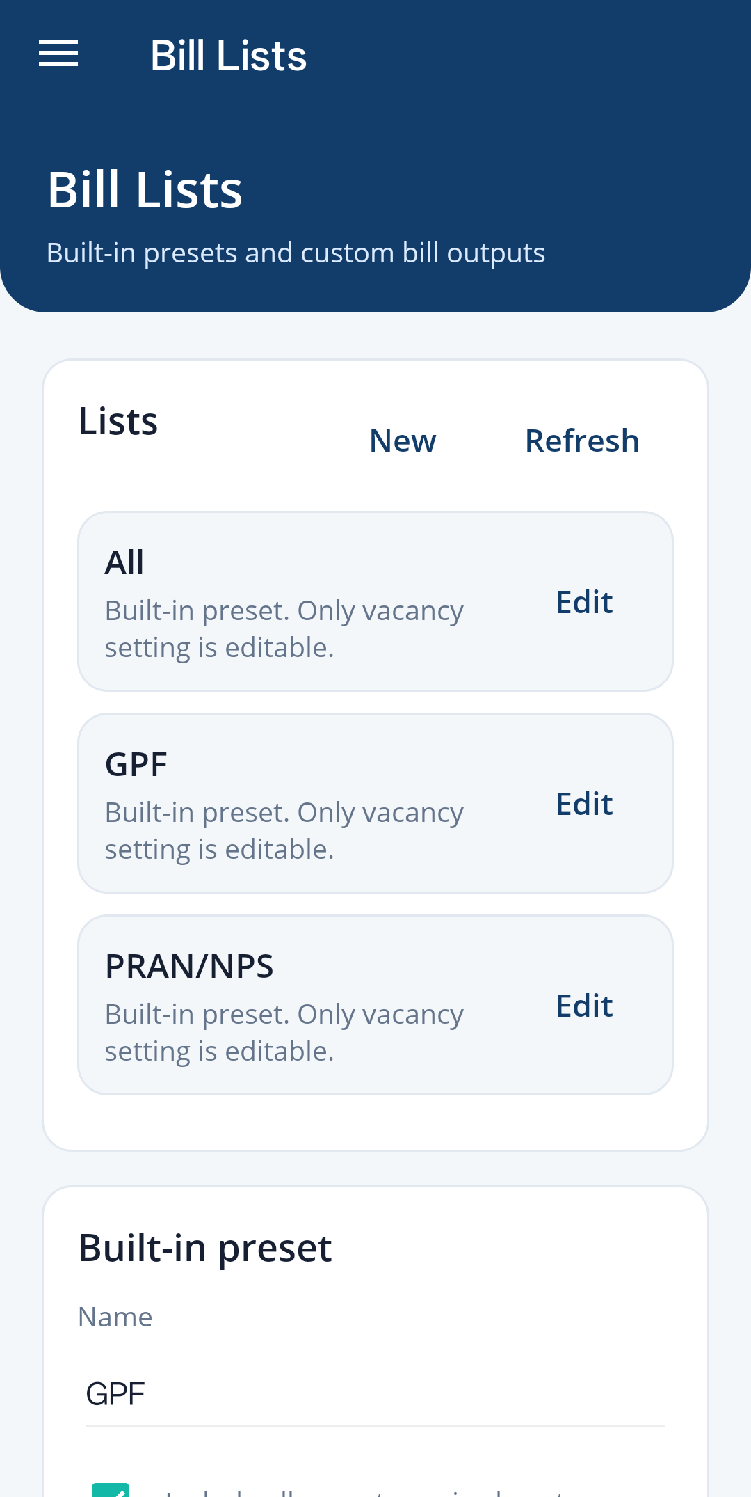 Bill lists page
