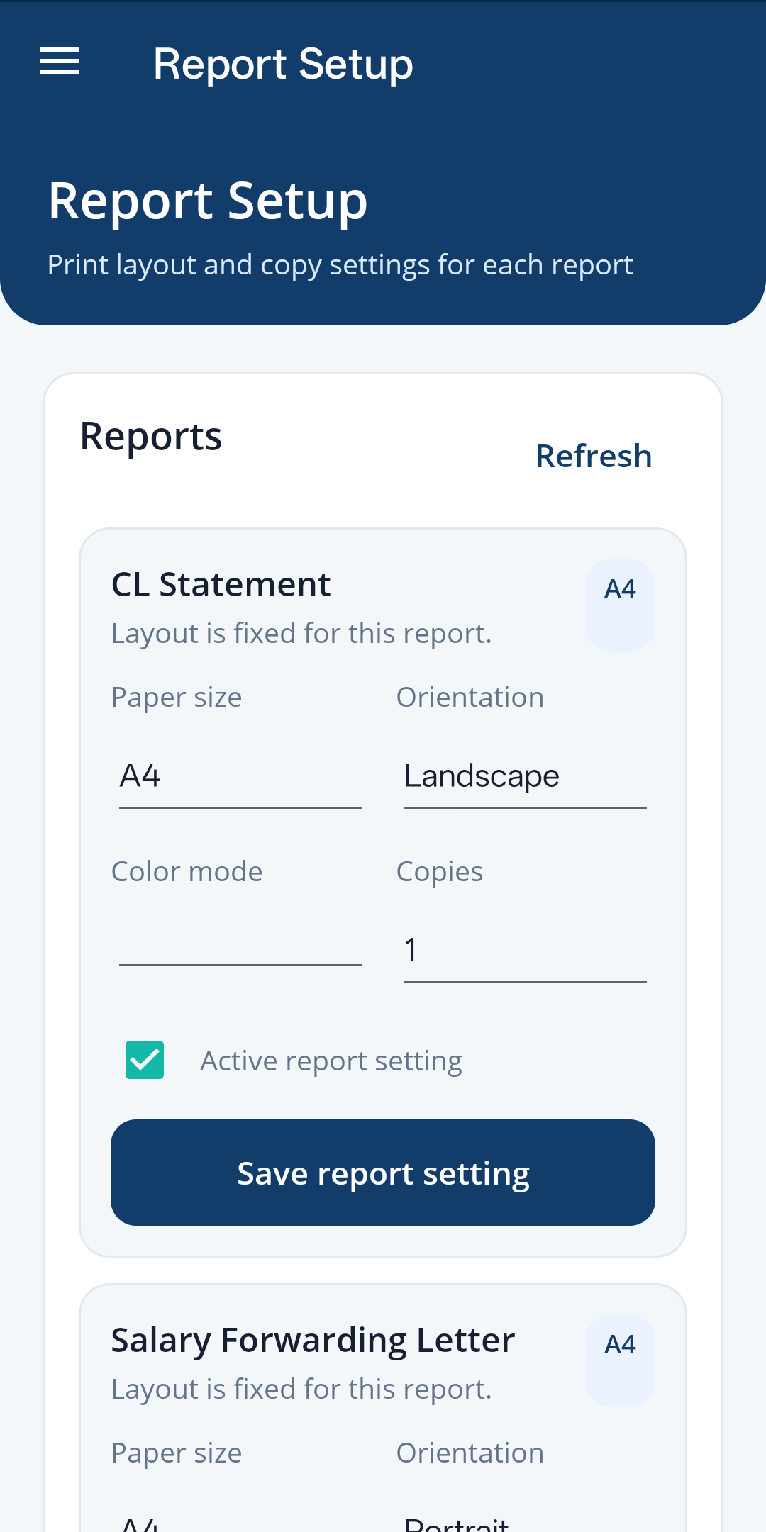 Report setup page