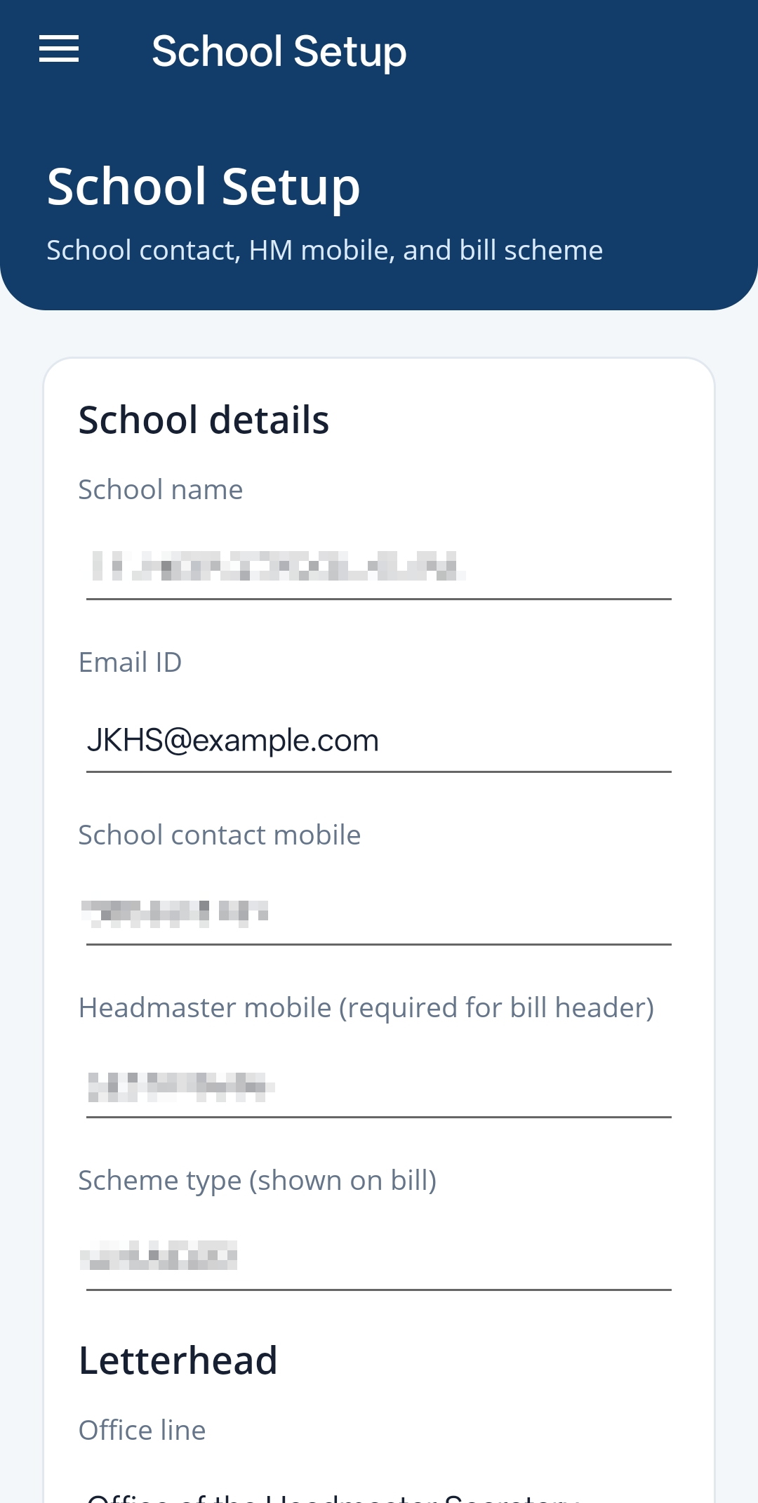School setup page
