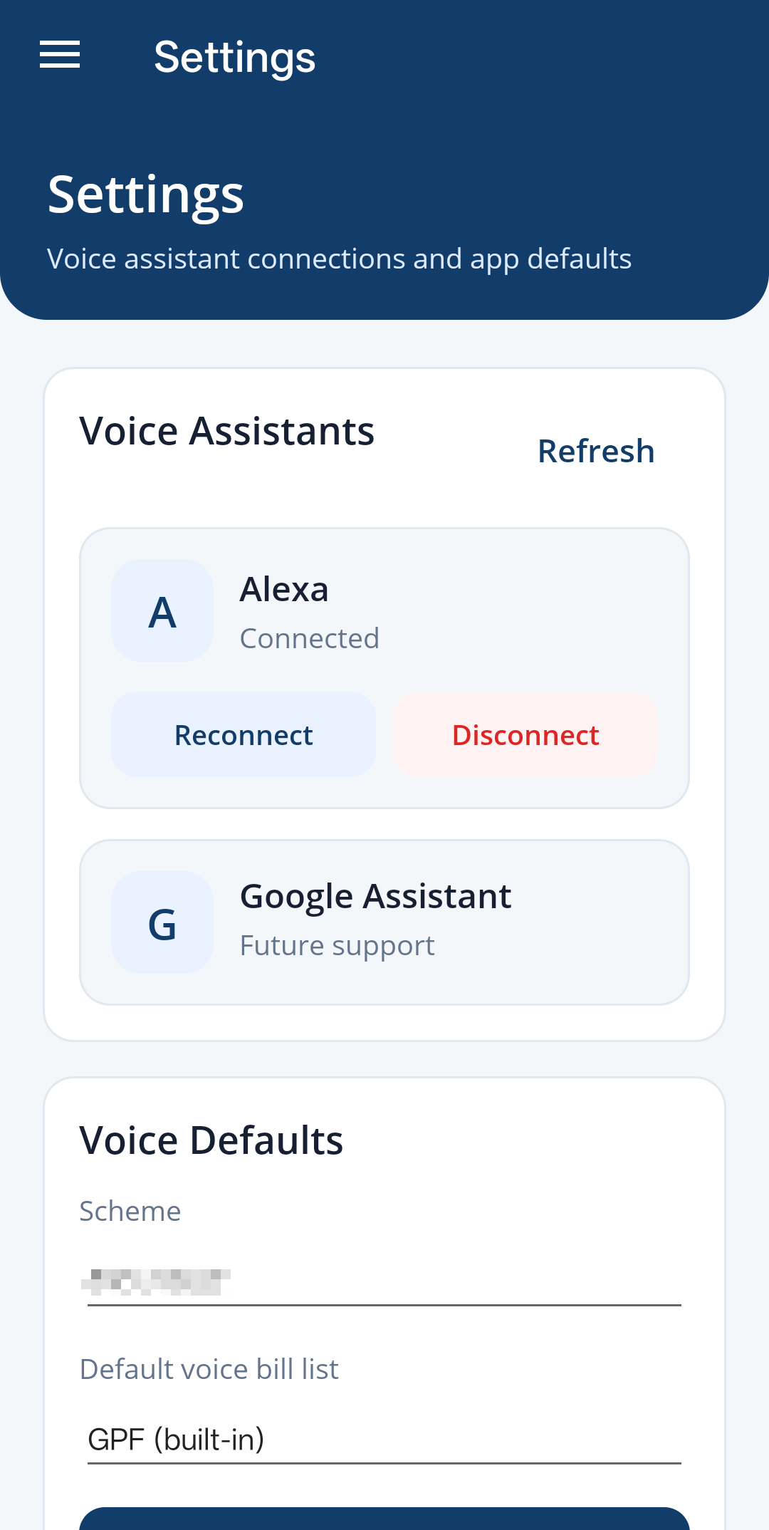 Settings page