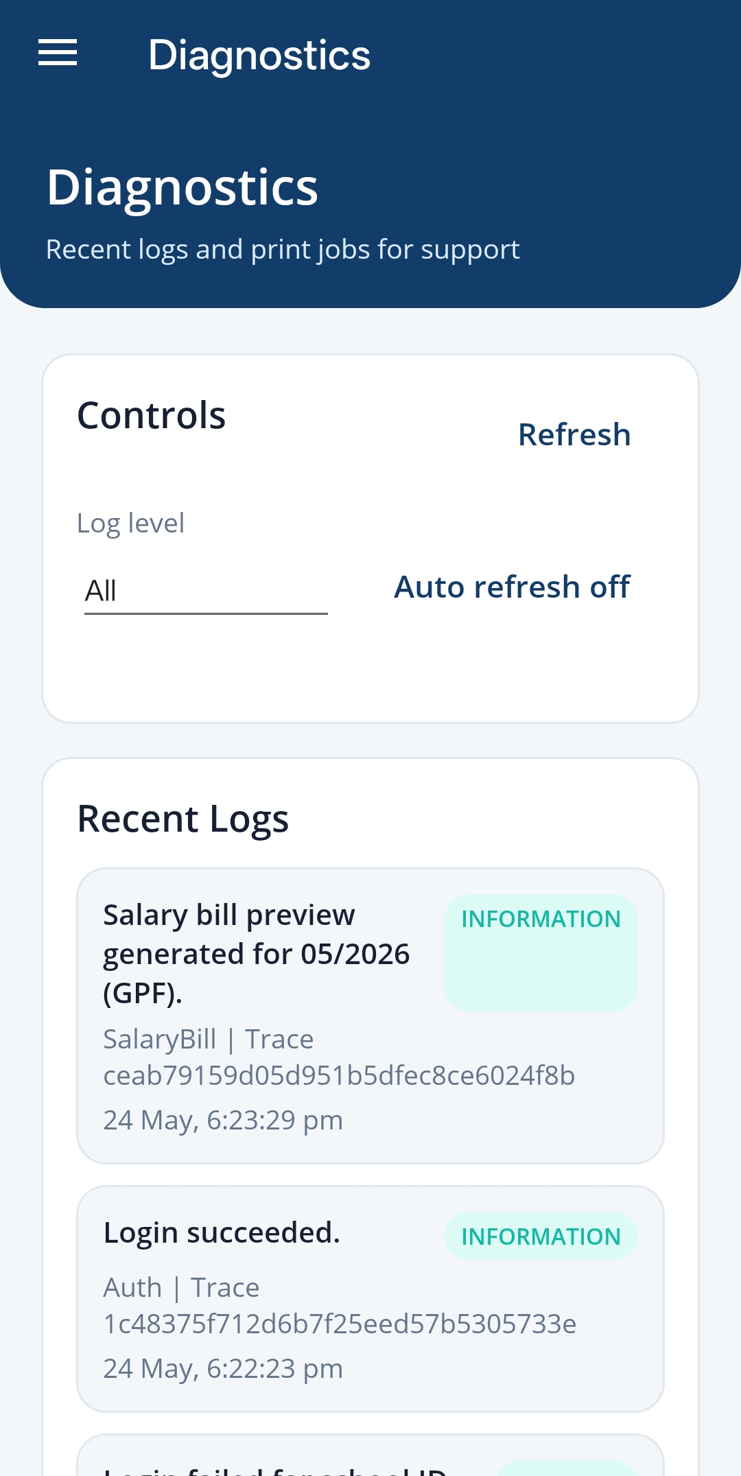 Diagnostics page